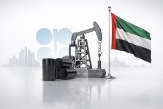 Oil pump jack with stacked black barrels beside a United Arab Emirates flag, illustrating UAE oil industry.