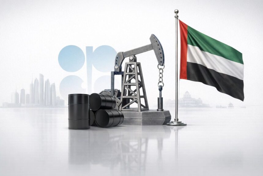 Oil pump jack with stacked black barrels beside a United Arab Emirates flag, illustrating UAE oil industry. - برفيلكس - brieflex