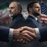 Two men in suits shake hands in the foreground, with Iranian and American flags and silhouettes of soldiers behind them, signaling diplomacy. - برفيلكس - brieflex