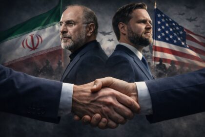Two men in suits shake hands in the foreground, with Iranian and American flags and silhouettes of soldiers behind them, signaling diplomacy.