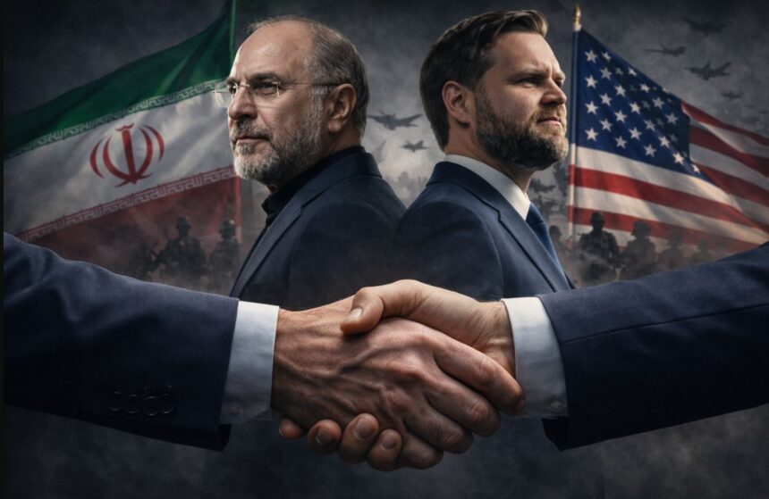 Two men in suits shake hands in the foreground, with Iranian and American flags and silhouettes of soldiers behind them, signaling diplomacy. - برفيلكس - brieflex
