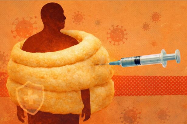 Silhouette of a person wrapped in a large pork rind cocoon, with a syringe approaching from the right against an orange background with virus shapes. - برفيلكس - brieflex