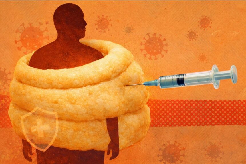Silhouette of a person wrapped in a large pork rind cocoon, with a syringe approaching from the right against an orange background with virus shapes. - برفيلكس - brieflex