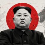 Portrait of North Korean leader Kim Jong-un against a large red target circle, with missiles, rockets, and a map in the background (military theme). - برفيلكس - brieflex