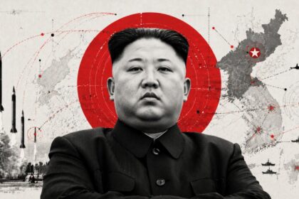 Portrait of North Korean leader Kim Jong-un against a large red target circle, with missiles, rockets, and a map in the background (military theme). - برفيلكس - brieflex