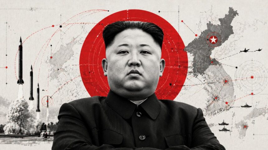 Portrait of North Korean leader Kim Jong-un against a large red target circle, with missiles, rockets, and a map in the background (military theme). - برفيلكس - brieflex