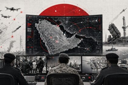 Military command center monitoring a large digital map with red target markers while officers sit at consoles overlooking ships and aircraft in a port.
