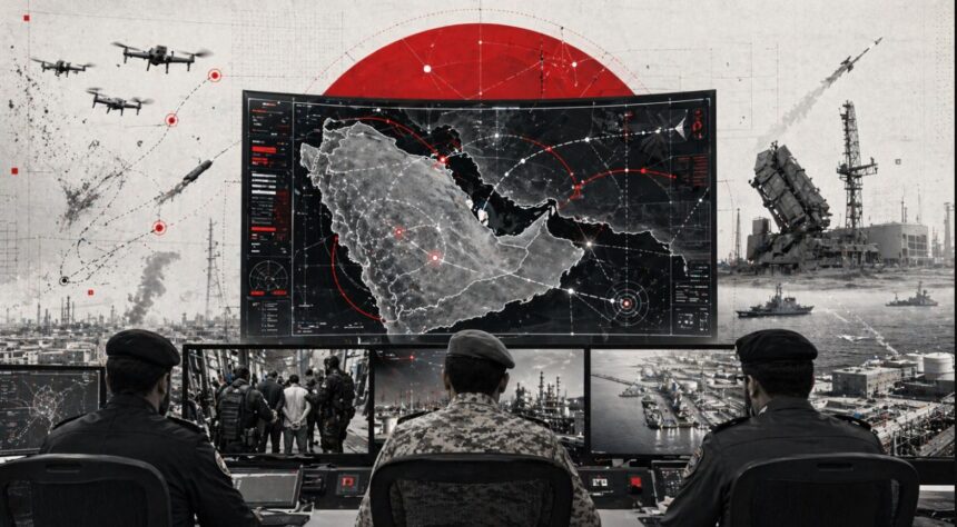 Military command center monitoring a large digital map with red target markers while officers sit at consoles overlooking ships and aircraft in a port.