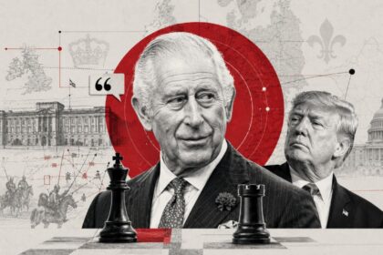 Political collage of two aging men in suits with a red target behind them and chess pieces in foreground.
