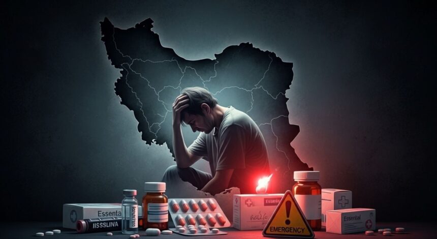 Distressed man seated with head in hand in front of a map outline of Portugal, surrounded by medicine bottles and pills with an emergency symbol glowing red. - برفيلكس - brieflex