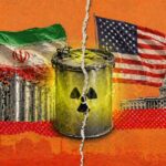 Illustration of Iran's nuclear program on the left and the United States on the right, with a central radioactive waste barrel and a torn split background, symbolizing nuclear tension. - برفيلكس - brieflex