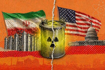 Illustration of Iran's nuclear program on the left and the United States on the right, with a central radioactive waste barrel and a torn split background, symbolizing nuclear tension.