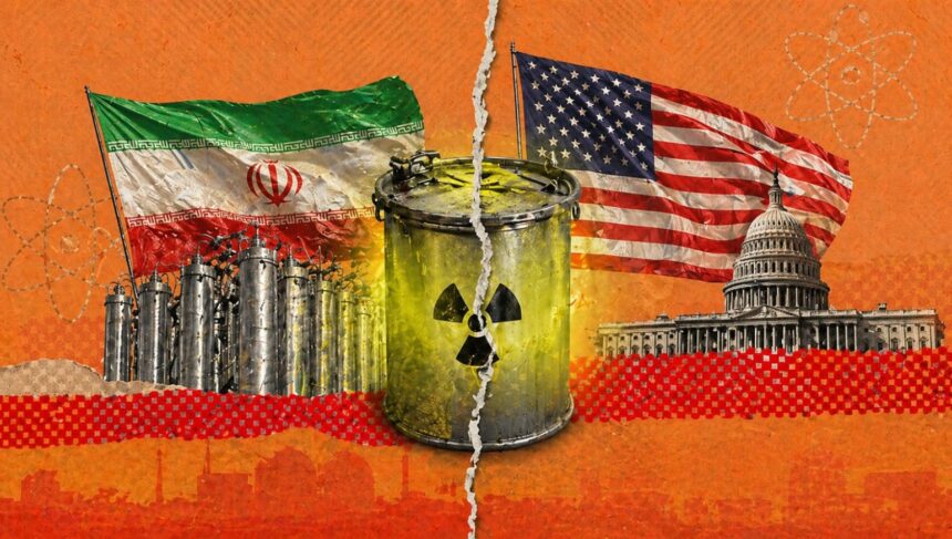 Illustration of Iran's nuclear program on the left and the United States on the right, with a central radioactive waste barrel and a torn split background, symbolizing nuclear tension. - برفيلكس - brieflex