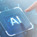 Hand taps a futuristic AI chip outlined on a glowing circuit board, symbolizing artificial intelligence in tech. - برفيلكس - brieflex