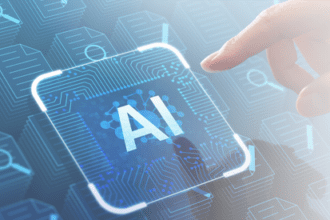 Hand taps a futuristic AI chip outlined on a glowing circuit board, symbolizing artificial intelligence in tech.