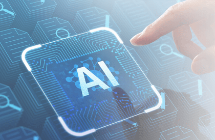 Hand taps a futuristic AI chip outlined on a glowing circuit board, symbolizing artificial intelligence in tech.