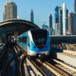 Blue and white metro train on an elevated track approaching a curved glass station, with a skyline of tall glass towers behind. - برفيلكس - brieflex