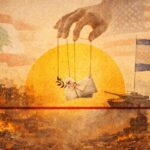 Hand controlling marionette of a lettered dove against a setting sun, symbolizing war-for-peace manipulation amid destruction and flags.", - برفيلكس - brieflex