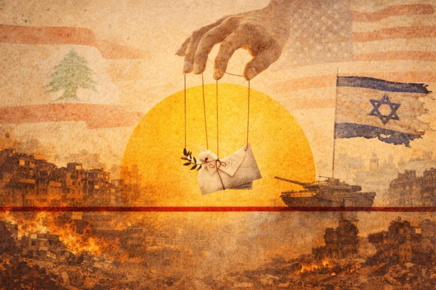 Hand controlling marionette of a lettered dove against a setting sun, symbolizing war-for-peace manipulation amid destruction and flags.", - برفيلكس - brieflex
