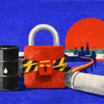 Oil security illustration: a black oil barrel, a red padlock with caution tape across a pipeline on a blue background. - برفيلكس - brieflex