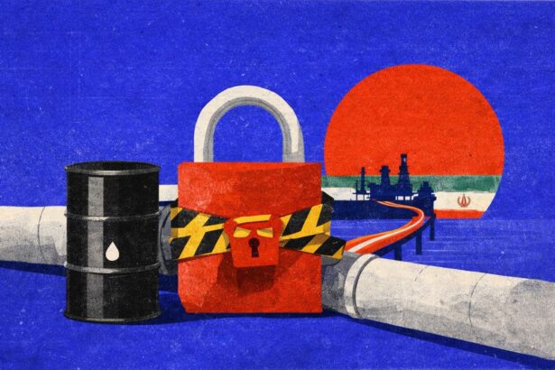 Oil security illustration: a black oil barrel, a red padlock with caution tape across a pipeline on a blue background. - برفيلكس - brieflex