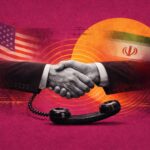 Handshake between two professionals with US and Iran flags in the background, and a telephone in the foreground, signaling diplomatic communication. - برفيلكس - brieflex