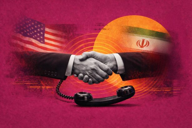 Handshake between two professionals with US and Iran flags in the background, and a telephone in the foreground, signaling diplomatic communication. - برفيلكس - brieflex