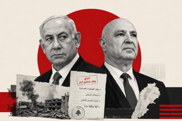 Collage of two male political leaders in suits with a bold red circle behind, rubble and a stamped document in the foreground, signaling Middle East conflict. - برفيلكس - brieflex