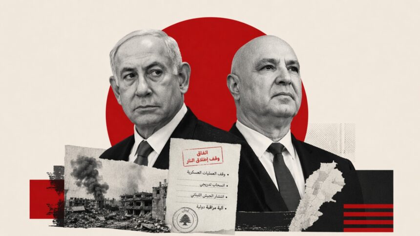 Collage of two male political leaders in suits with a bold red circle behind, rubble and a stamped document in the foreground, signaling Middle East conflict. - برفيلكس - brieflex