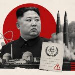 Collage of a stern man in a dark suit with a red circle backdrop, missiles, a nuclear plant, and a UN emblem on a sheet—evoking nuclear threat. - برفيلكس - brieflex
