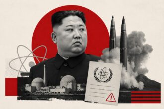 Collage of a stern man in a dark suit with a red circle backdrop, missiles, a nuclear plant, and a UN emblem on a sheet—evoking nuclear threat.