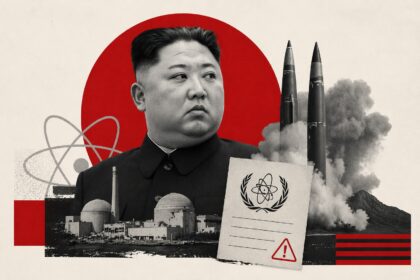 Collage of a stern man in a dark suit with a red circle backdrop, missiles, a nuclear plant, and a UN emblem on a sheet—evoking nuclear threat.