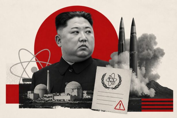 Collage of a stern man in a dark suit with a red circle backdrop, missiles, a nuclear plant, and a UN emblem on a sheet—evoking nuclear threat. - برفيلكس - brieflex
