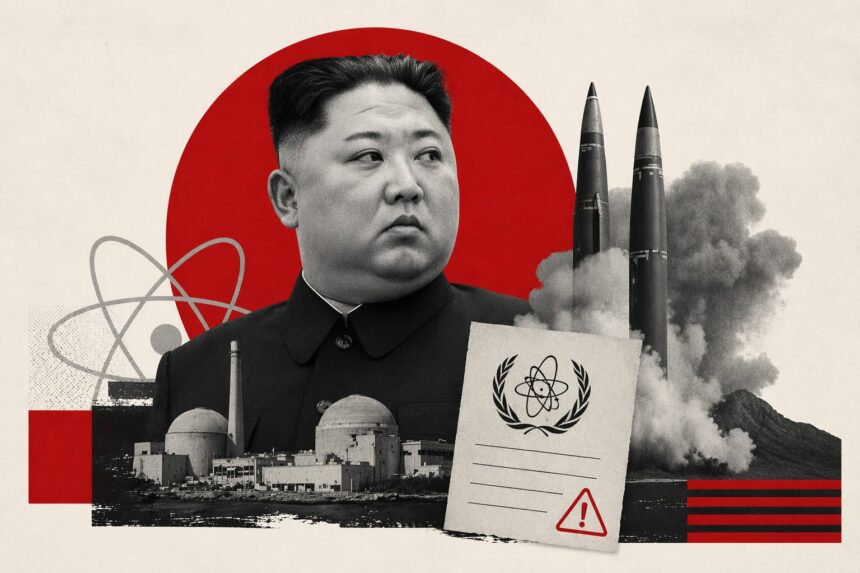 Collage of a stern man in a dark suit with a red circle backdrop, missiles, a nuclear plant, and a UN emblem on a sheet—evoking nuclear threat. - برفيلكس - brieflex
