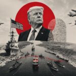 Collage showing Donald Trump over a naval harbor with warships, jets, and a red sun motif in the background, implying military power. - برفيلكس - brieflex