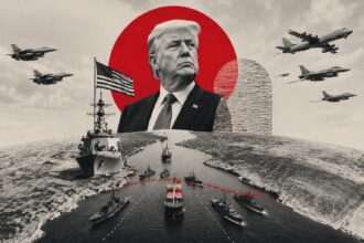 Collage showing Donald Trump over a naval harbor with warships, jets, and a red sun motif in the background, implying military power.