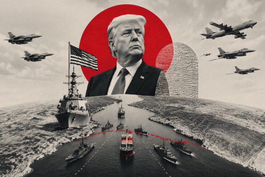 Collage showing Donald Trump over a naval harbor with warships, jets, and a red sun motif in the background, implying military power. - برفيلكس - brieflex