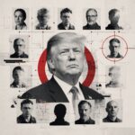 Central, formal portrait of Donald Trump surrounded by grayscale headshots connected by red lines and targets, in a schematic collage style. - برفيلكس - brieflex