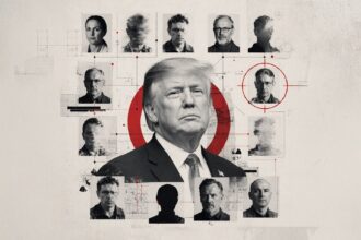 Central, formal portrait of Donald Trump surrounded by grayscale headshots connected by red lines and targets, in a schematic collage style.