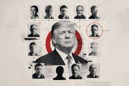 Central, formal portrait of Donald Trump surrounded by grayscale headshots connected by red lines and targets, in a schematic collage style.