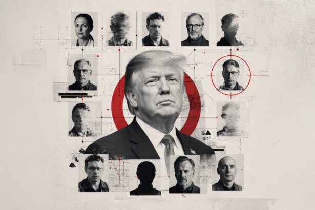 Central, formal portrait of Donald Trump surrounded by grayscale headshots connected by red lines and targets, in a schematic collage style. - برفيلكس - brieflex