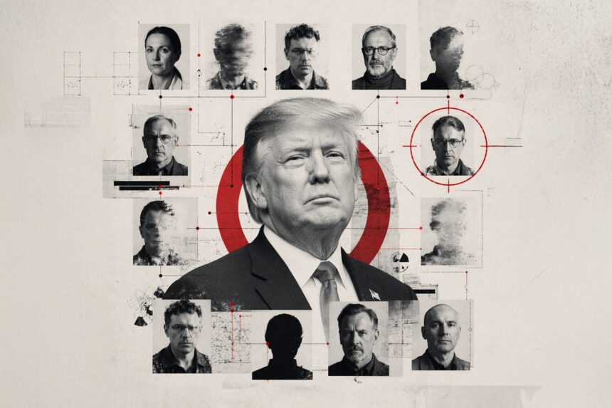 Central, formal portrait of Donald Trump surrounded by grayscale headshots connected by red lines and targets, in a schematic collage style. - برفيلكس - brieflex