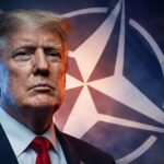 Close-up of a stern older man in a dark suit and red tie, with a large NATO emblem backdrop. - برفيلكس - brieflex