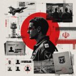 Collage of a uniformed officer in profile with a red target circle, surrounded by surveillance photos, aircraft, and classified dossiers. - برفيلكس - brieflex