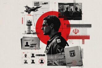 Collage of a uniformed officer in profile with a red target circle, surrounded by surveillance photos, aircraft, and classified dossiers.