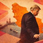 Man in a dark suit walks past an orange map silhouette with a harbor and oil platform in the background, in a grungy collage image. - برفيلكس - brieflex