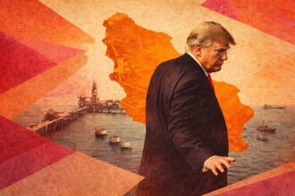Man in a dark suit walks past an orange map silhouette with a harbor and oil platform in the background, in a grungy collage image.