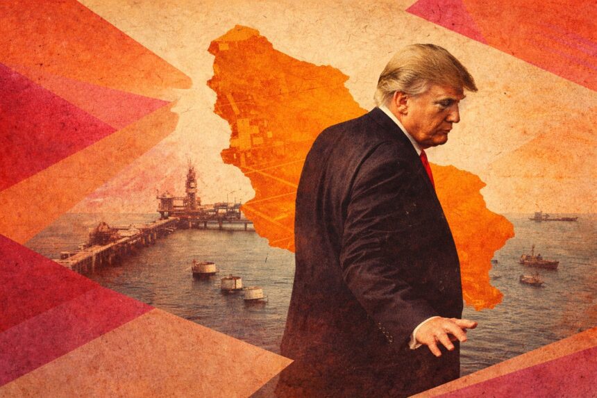 Man in a dark suit walks past an orange map silhouette with a harbor and oil platform in the background, in a grungy collage image. - برفيلكس - brieflex