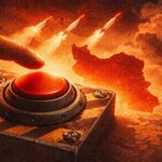 Close-up of a finger pressing a large red button on a control panel as missiles launch in the background. - برفيلكس - brieflex