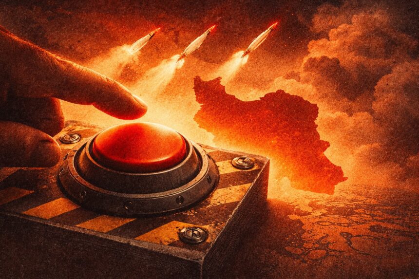 Close-up of a finger pressing a large red button on a control panel as missiles launch in the background. - برفيلكس - brieflex
